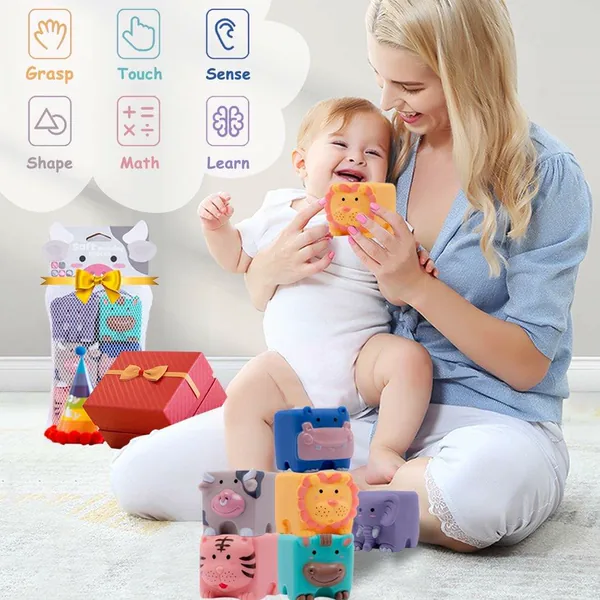 Chewable Squeeze 6 PCS Animals Shapes Set Baby Educational Silicone Bath Montessori Toys Soft Building Blocks view 6