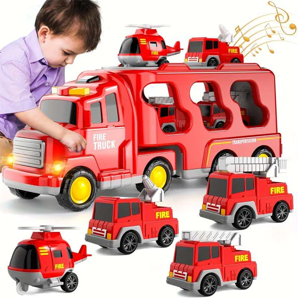 5 in 1 Friction Powered Fire Truck Play Set for Kids Toys Educational Plastic Interchangeable Vehicles Truck Toys for Boys