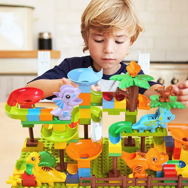 135PCS Dinosaur Marble Race Run Big Blocks DIY Building Blocks Funnel Slide Assembly Bricks Educational Toys