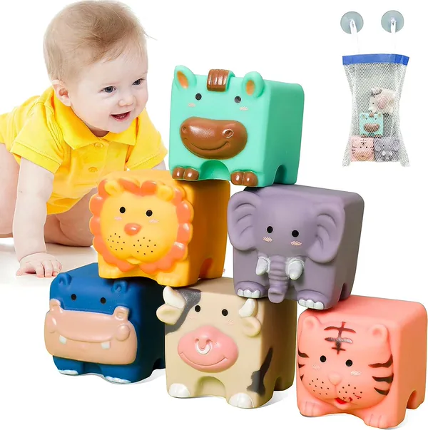 Chewable Squeeze 6 PCS Animals Shapes Set Baby Educational Silicone Bath Montessori Toys Soft Building Blocks view 2