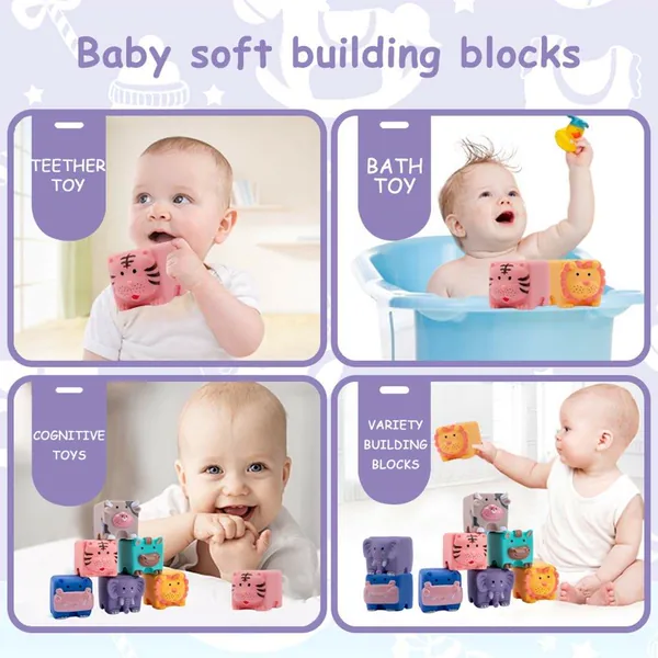 Chewable Squeeze 6 PCS Animals Shapes Set Baby Educational Silicone Bath Montessori Toys Soft Building Blocks view 4