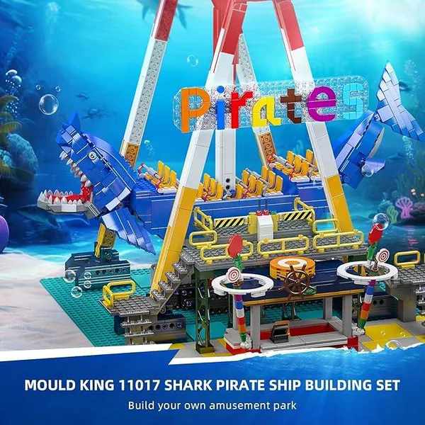 Pirate Ship Sports Theme Building Set 1922+ Pcs Educational Toy Plastic Model Kit Shark Shape Swing Boat Motor Home Decoration view 5