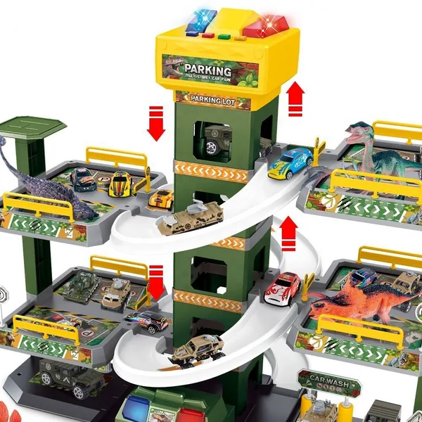Slot Toys 76 PCS Plastic Assemble 5 Floor Parking Lot Rail Race Track Car Dinosaur DIY Slot Toys with Helicopter for Kids view 2