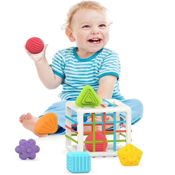 Baby Sorter Toy Colorful Cube and 6 Pcs Multi Sensory Shape Montessori Educational Developmental Learning Toys view 2