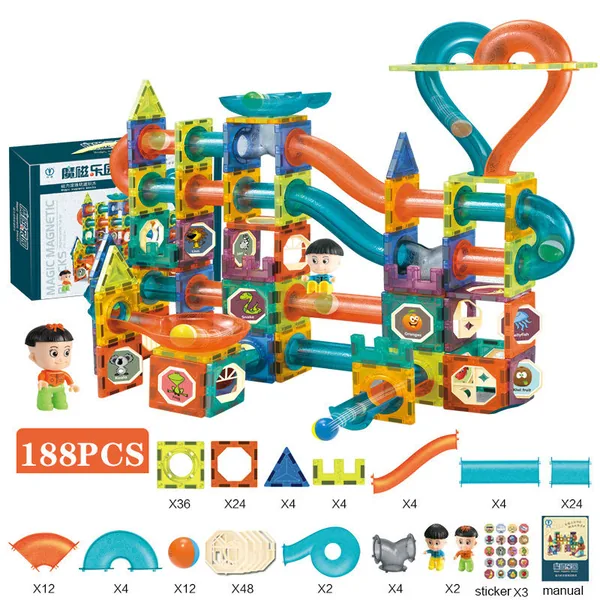 Educational Magnetic Building Blocks 188PCS of Marble Run Track 3D Plastic Pipe Magnetic Bricks view 2