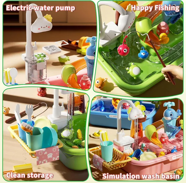 3-in-1 Plastic Toddler Kitchen Pretend Play Sink with Running Water Toy Pool Floating Fishing Toys in Color Box Packaging view 5