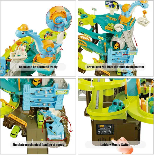 Dinosaur Climbing Hills Rail Car Construction Play Set with Crane Transportation Track Slot Diecast Toy Animals view 3