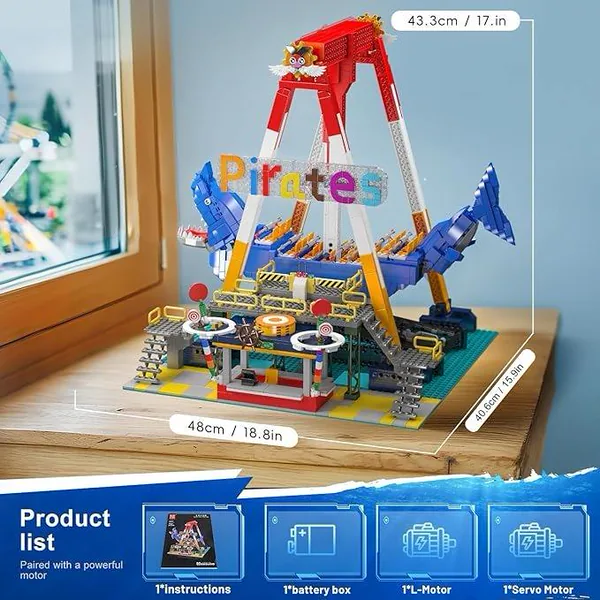Pirate Ship Sports Theme Building Set 1922+ Pcs Educational Toy Plastic Model Kit Shark Shape Swing Boat Motor Home Decoration view 4