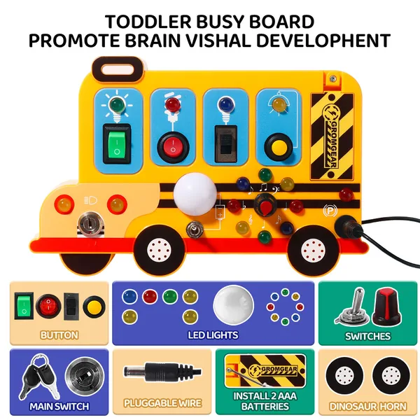 Montessori Board Sensory Toys for 2 to 4 Years with LED Light Switches School Bus Shape Fidgeting Board Travel Toys view 5