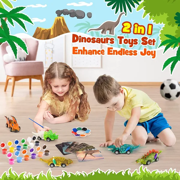 Dinosaur Toys for Kids 2 in 1 Dinosaurs Painting Kits and Pull Back Cars for Boys Arts and Crafts Set view 6