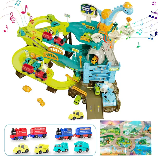 Dinosaur Climbing Hills Rail Car Construction Play Set with Crane Transportation Track Slot Diecast Toy Animals view 6