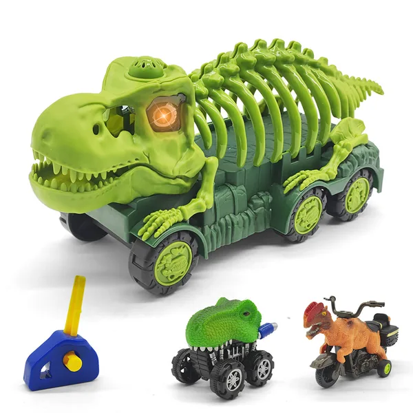 Portable Pull Back Dinosaur Car Storage Toy Carrier With Light &Music for Kids Dinosaur Truck With 2pcs Mini Car view 3