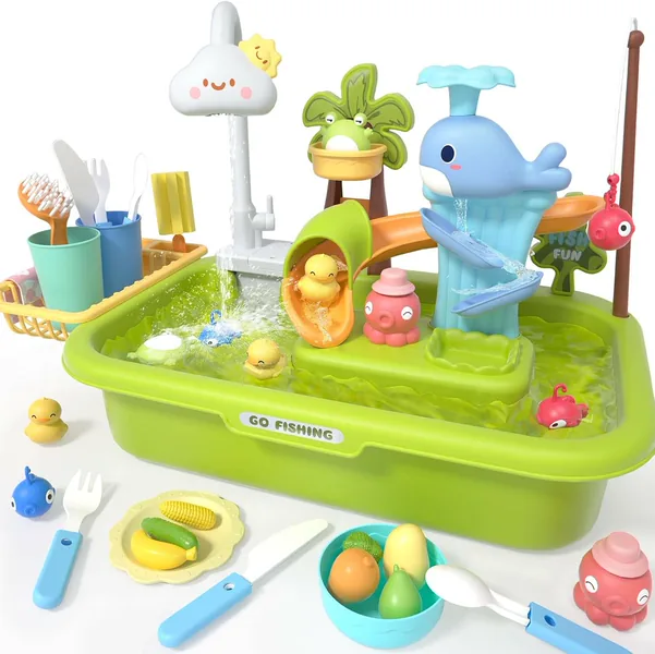 3-in-1 Plastic Toddler Kitchen Pretend Play Sink with Running Water Toy Pool Floating Fishing Toys in Color Box Packaging