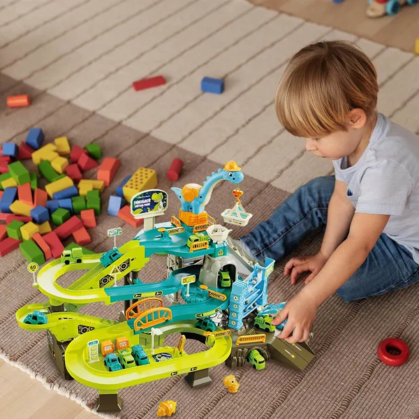 Dinosaur Climbing Hills Rail Car Construction Play Set with Crane Transportation Track Slot Diecast Toy Animals view 5