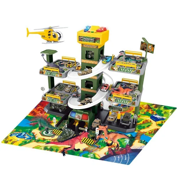 Slot Toys 76 PCS Plastic Assemble 5 Floor Parking Lot Rail Race Track Car Dinosaur DIY Slot Toys with Helicopter for Kids