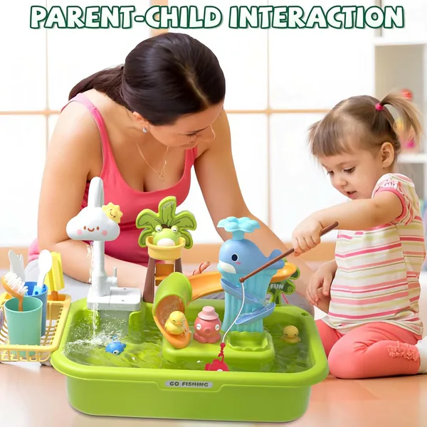 3-in-1 Plastic Toddler Kitchen Pretend Play Sink with Running Water Toy Pool Floating Fishing Toys in Color Box Packaging view 2