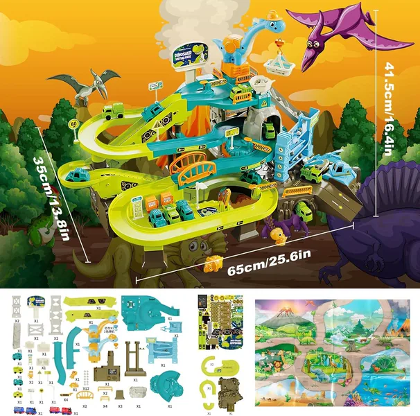 Dinosaur Climbing Hills Rail Car Construction Play Set with Crane Transportation Track Slot Diecast Toy Animals view 4