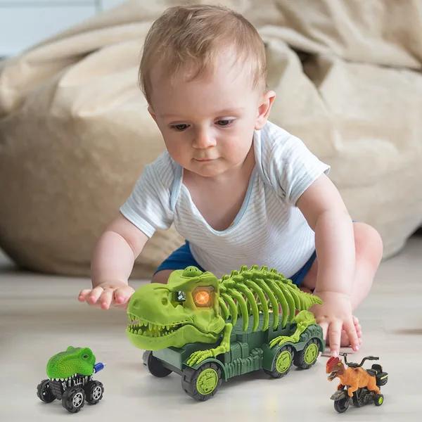 Portable Pull Back Dinosaur Car Storage Toy Carrier With Light &Music for Kids Dinosaur Truck With 2pcs Mini Car view 5