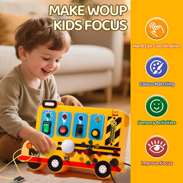 Montessori Board Sensory Toys for 2 to 4 Years with LED Light Switches School Bus Shape Fidgeting Board Travel Toys view 3