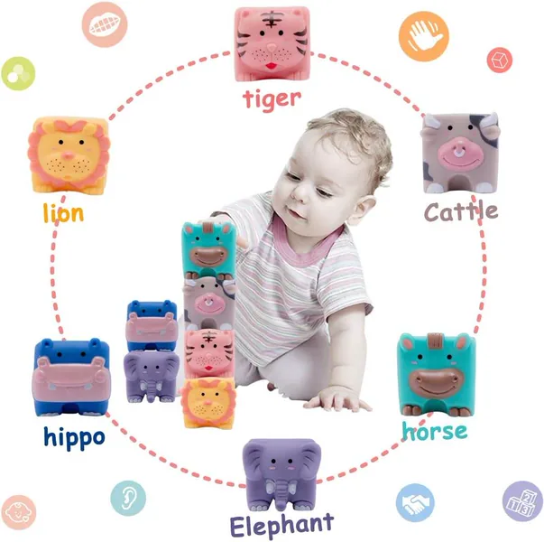 Chewable Squeeze 6 PCS Animals Shapes Set Baby Educational Silicone Bath Montessori Toys Soft Building Blocks