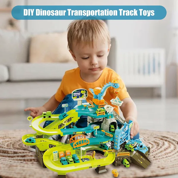 Dinosaur Climbing Hills Rail Car Construction Play Set with Crane Transportation Track Slot Diecast Toy Animals view 2