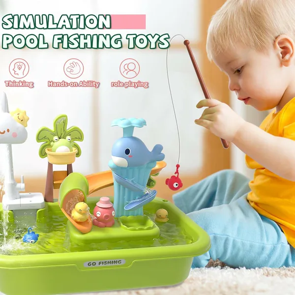 3-in-1 Plastic Toddler Kitchen Pretend Play Sink with Running Water Toy Pool Floating Fishing Toys in Color Box Packaging view 6